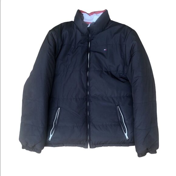 Vintage 2011 Tommy Hilfiger Reversible Jacket Large Black Red BIG LOGO - Picture 1 of 15